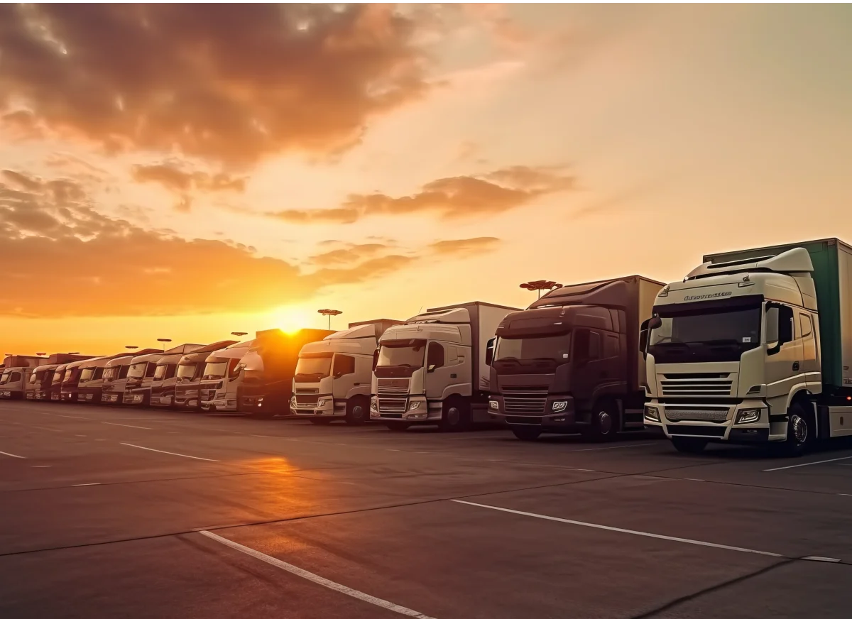 HGV Lorries parked up for the night with sunset